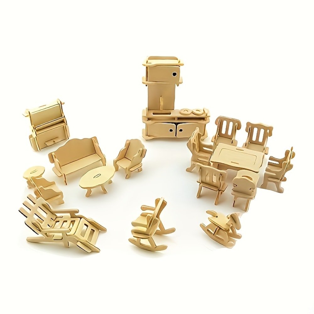 Wooden Dollhouse Furniture Set DIY Puzzle Miniature Room Kit