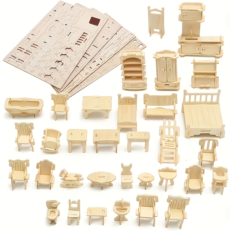 Wooden Dollhouse Furniture Set DIY Puzzle Miniature Room Kit