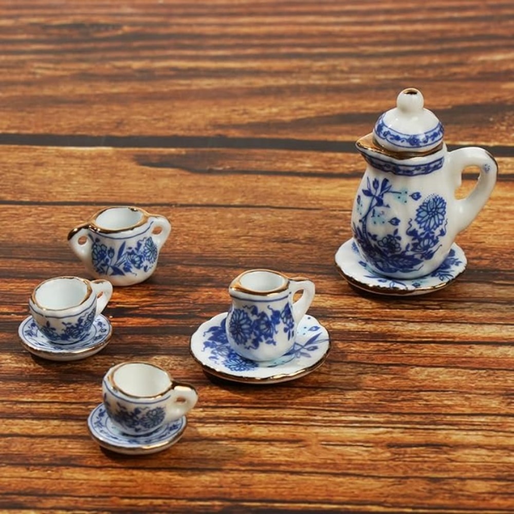 Mini Ceramic Tea Set for Dollhouse Play Kids Tea Party Toy with Miniature Cups and Plates