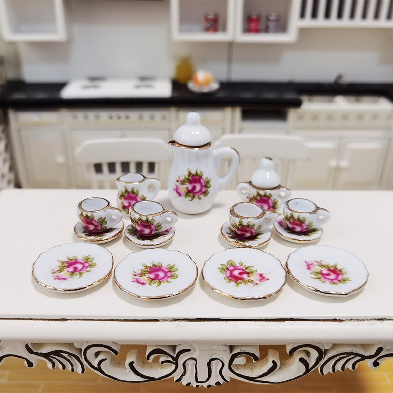 Mini Ceramic Tea Set for Dollhouse Play Kids Tea Party Toy with Miniature Cups and Plates