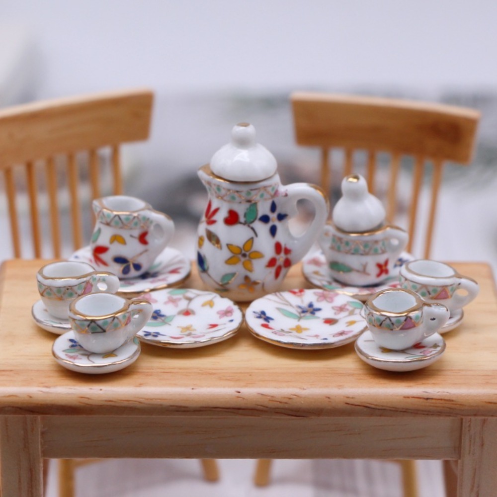 Mini Ceramic Tea Set for Dollhouse Play Kids Tea Party Toy with Miniature Cups and Plates