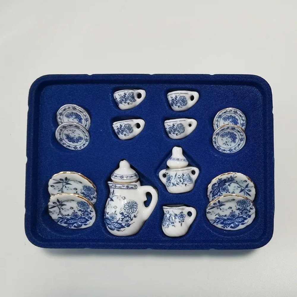 Mini Ceramic Tea Set for Dollhouse Play Kids Tea Party Toy with Miniature Cups and Plates
