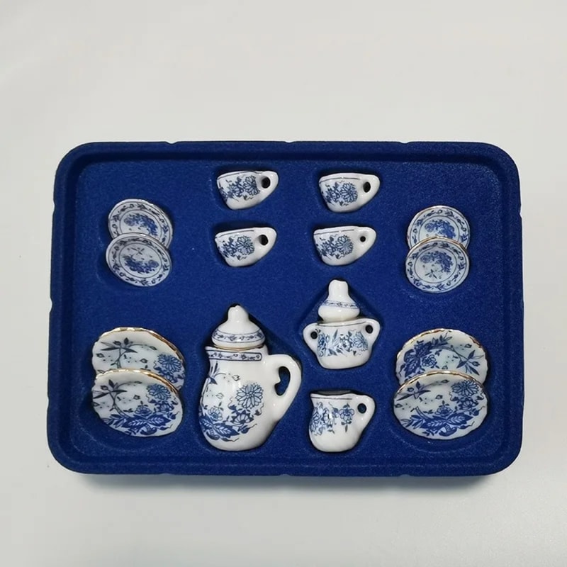 Mini Ceramic Tea Set for Dollhouse Play Kids Tea Party Toy with Miniature Cups and Plates