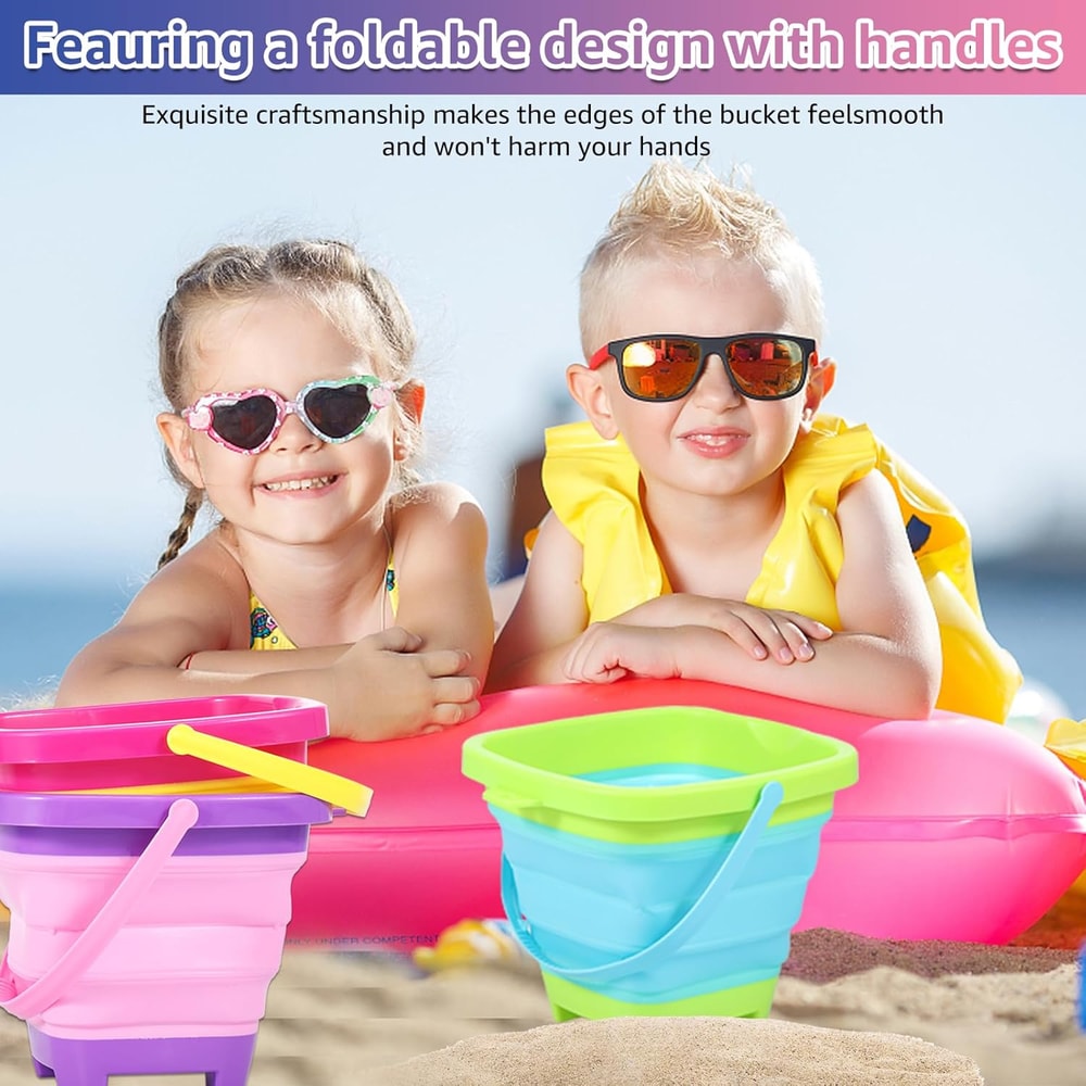 Collapsible Silicone Beach Bucket For Kids Travel Sand Toy Set 2