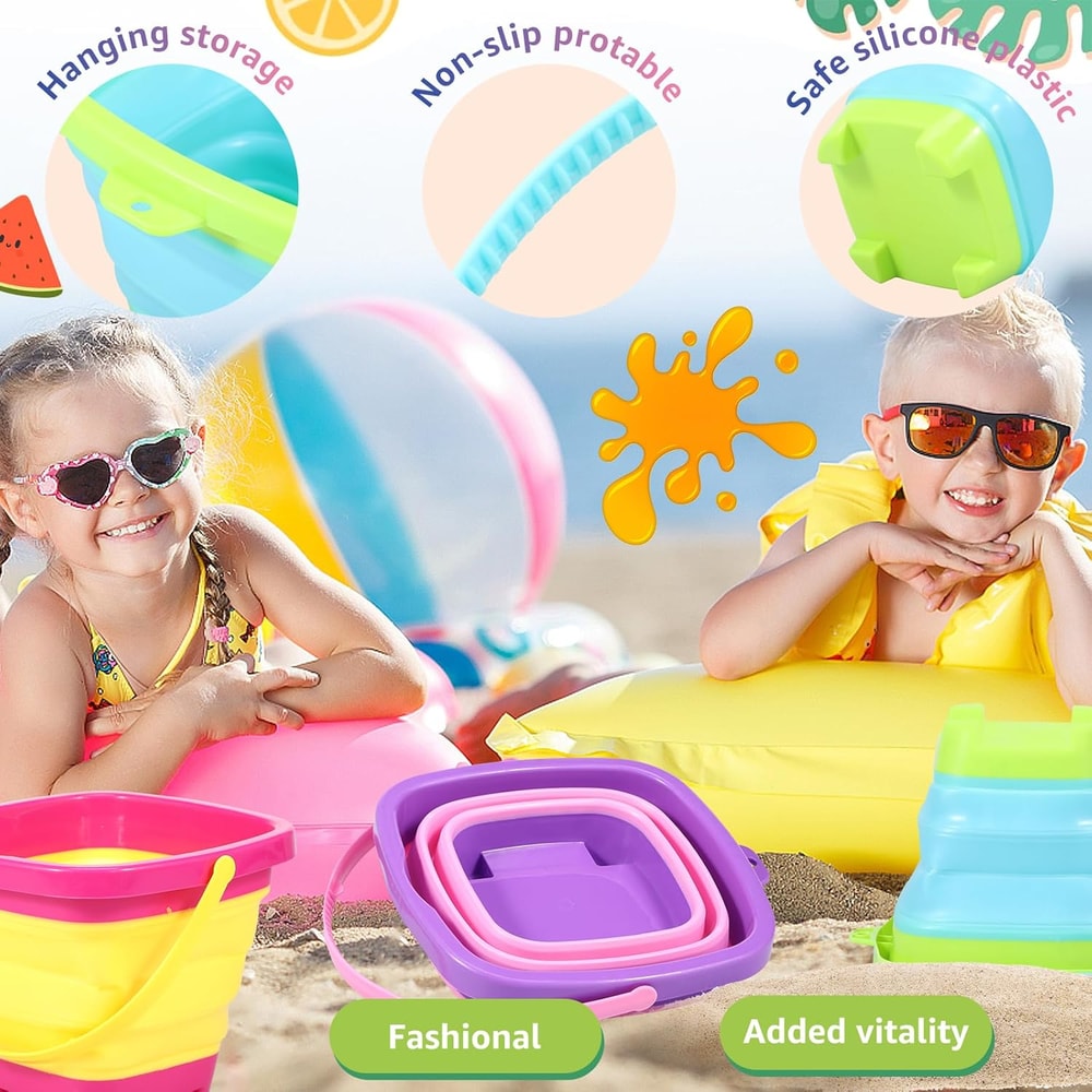 Collapsible Silicone Beach Bucket For Kids Travel Sand Toy Set 3