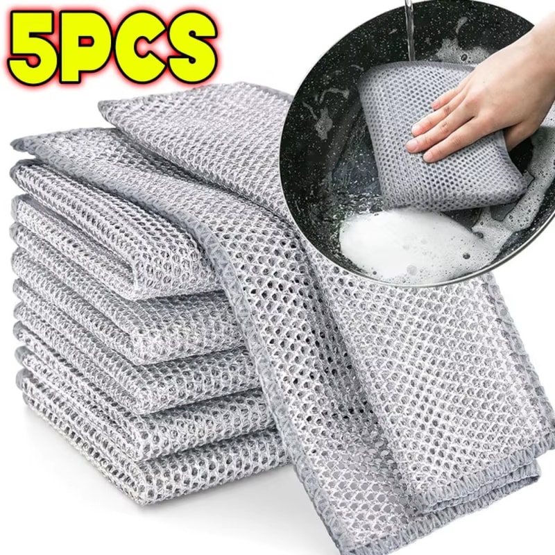 Heavy Duty Steel Wire Dish Cloth Set For Kitchen Pots Pans And Grease Cleaning 5