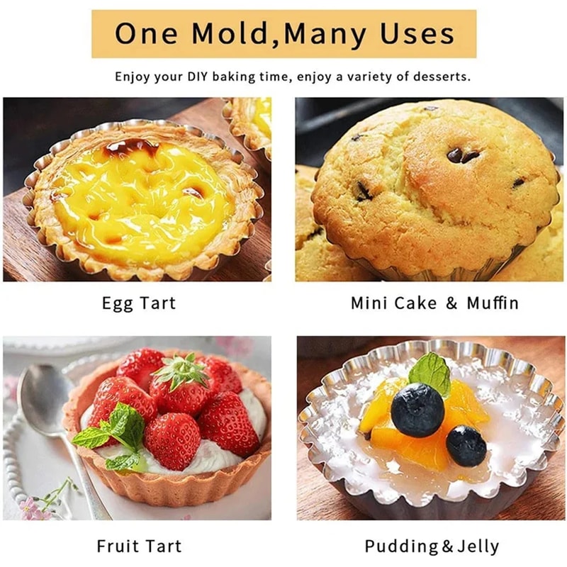 Piece Egg Tart Mold Set Reusable Stainless Steel Tart Pans for Mini Pies, Cupcakes & Pastry Baking