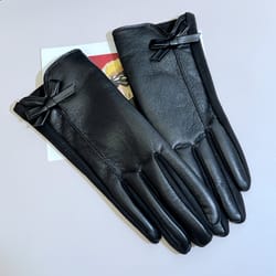 elegant women winter leather gloves with touchscreen warm lining & bow accent
