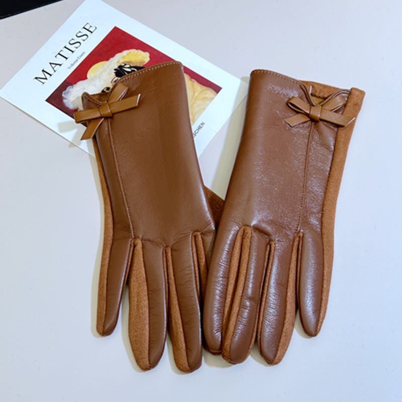 Elegant Women Winter Leather Gloves with Touchscreen Warm Lining & Bow Accent
