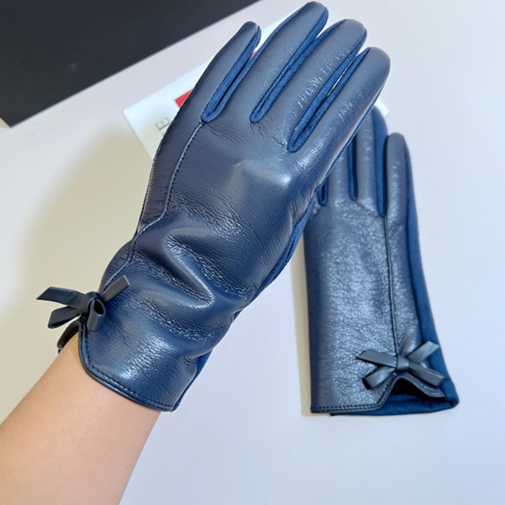 Elegant Women Winter Leather Gloves with Touchscreen Warm Lining & Bow Accent