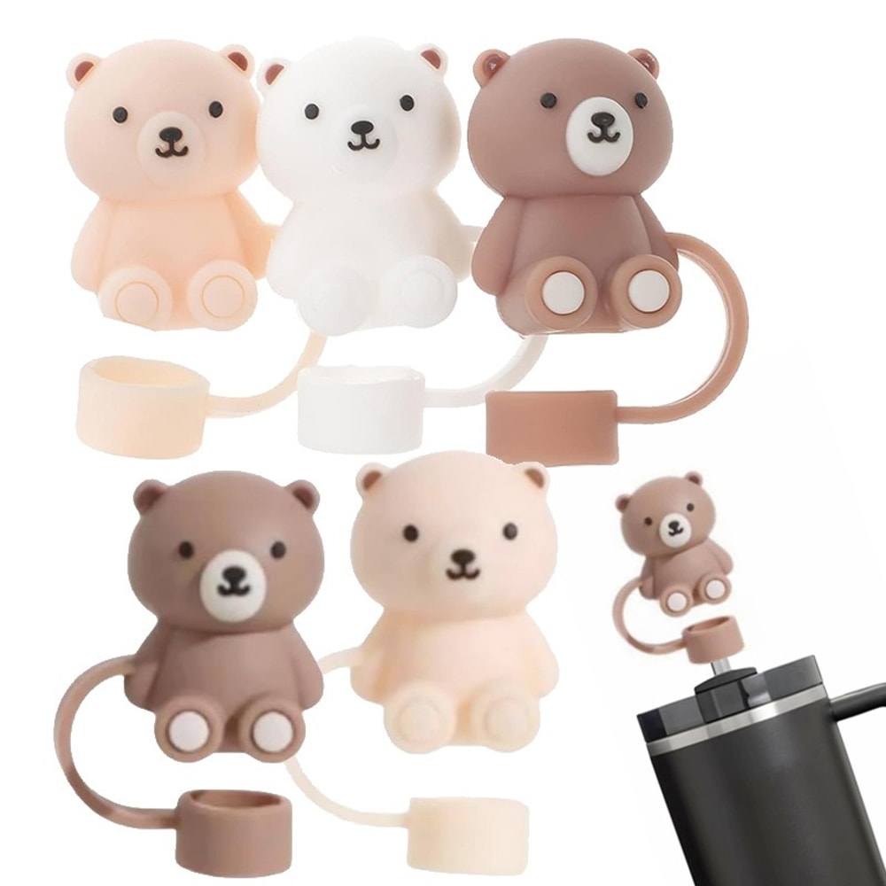 Teddy Bear Silicone Straw Cover for Stanley Cup 10mm Reusable Straw Dust Cap