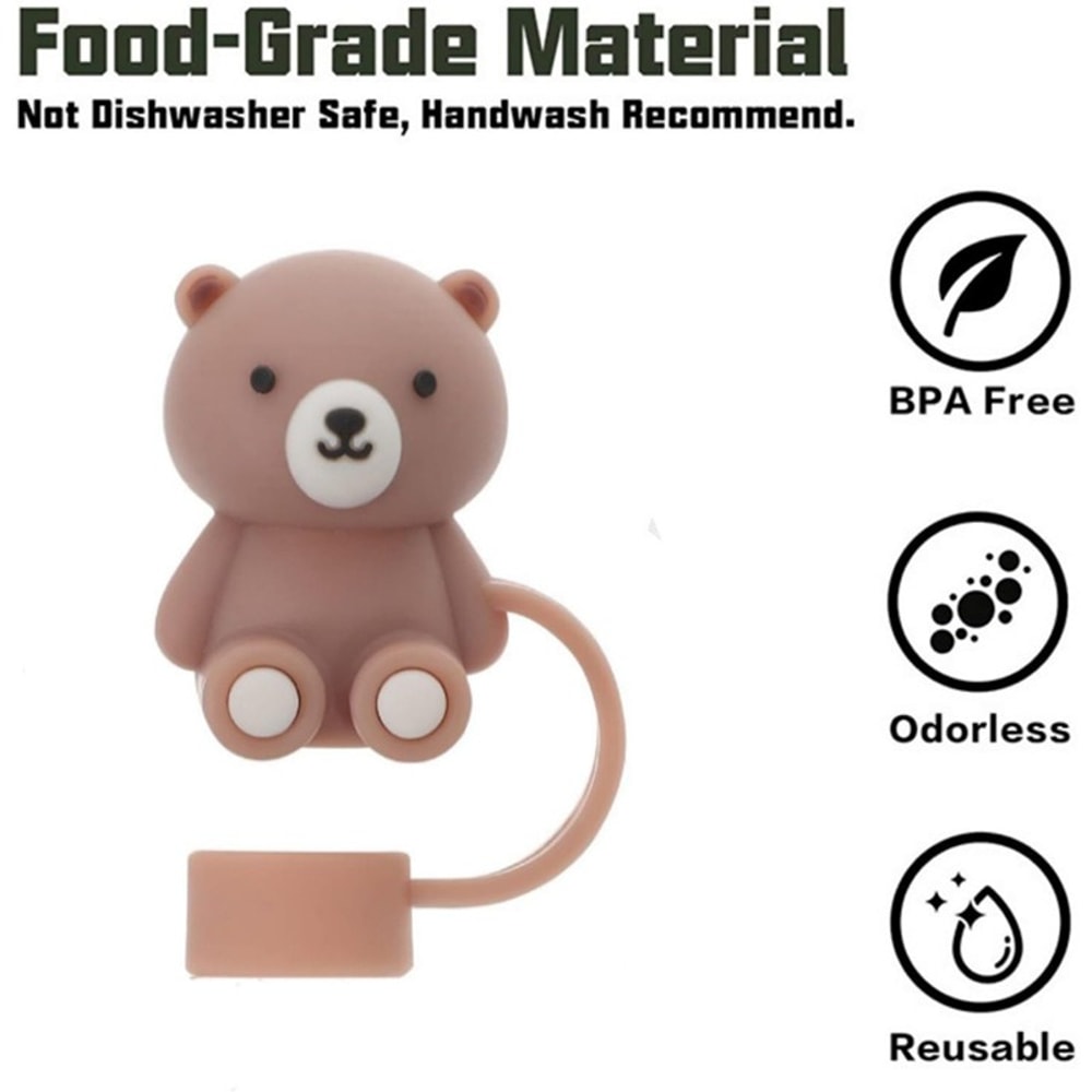Teddy Bear Silicone Straw Cover for Stanley Cup 10mm Reusable Straw Dust Cap