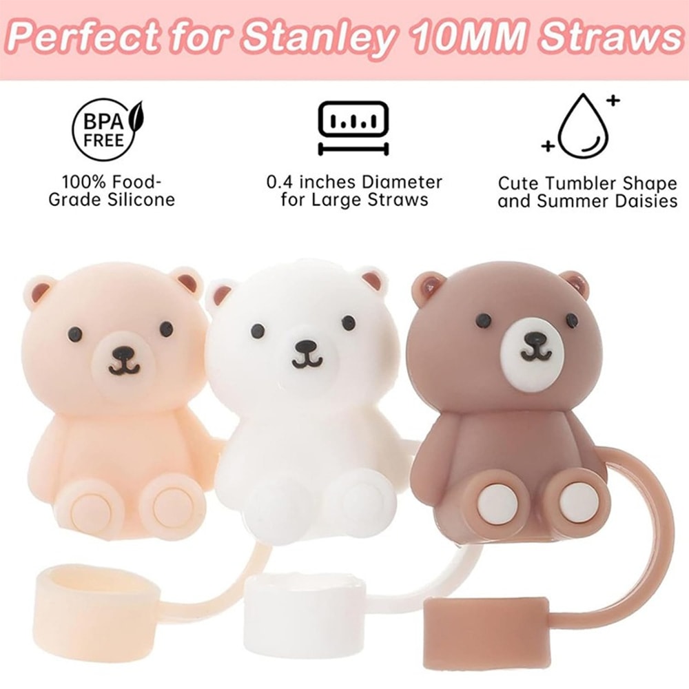 Teddy Bear Silicone Straw Cover for Stanley Cup 10mm Reusable Straw Dust Cap