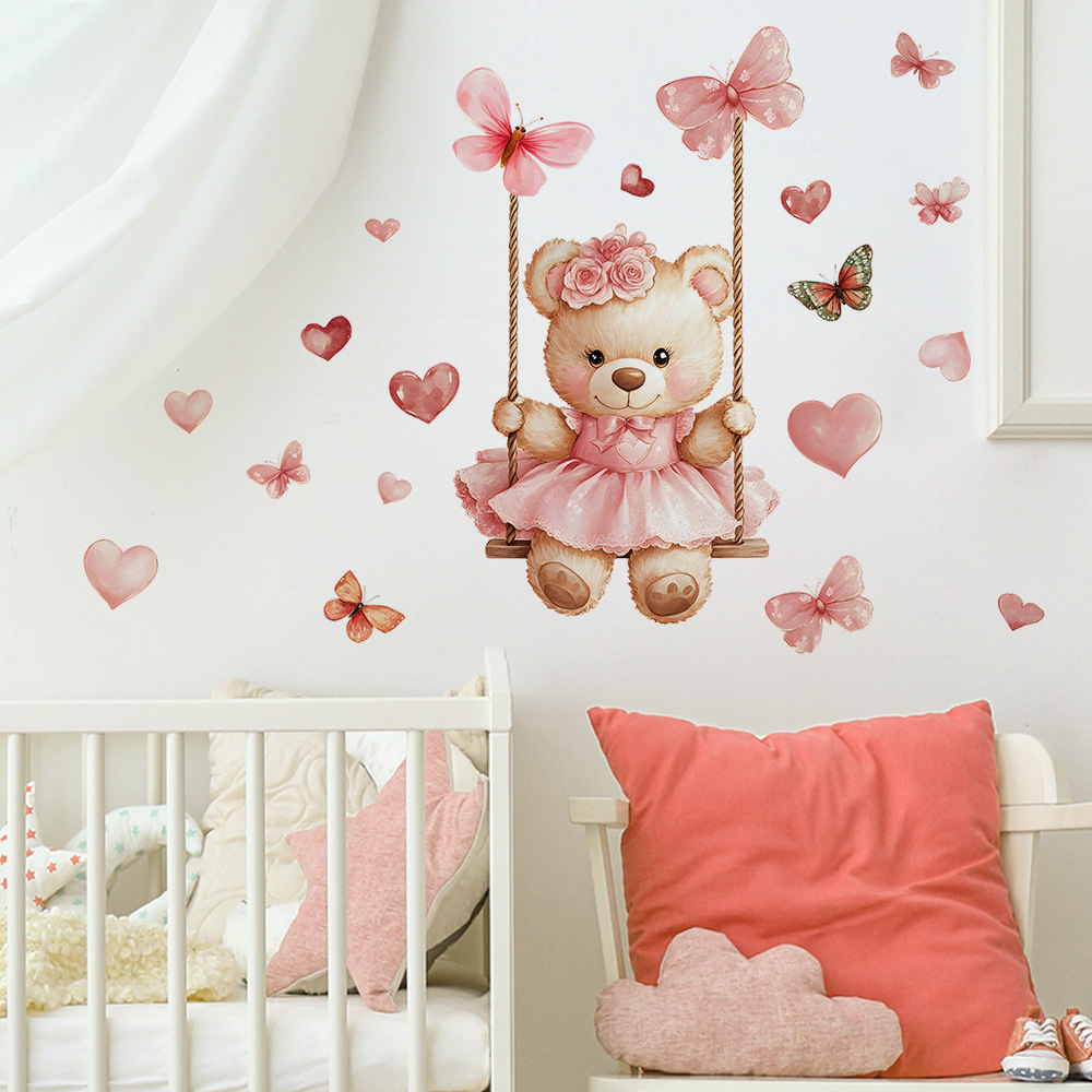 Bear Swing Butterfly Wall Decals for Kids Room Nursery Peel and Stick Wall Decor