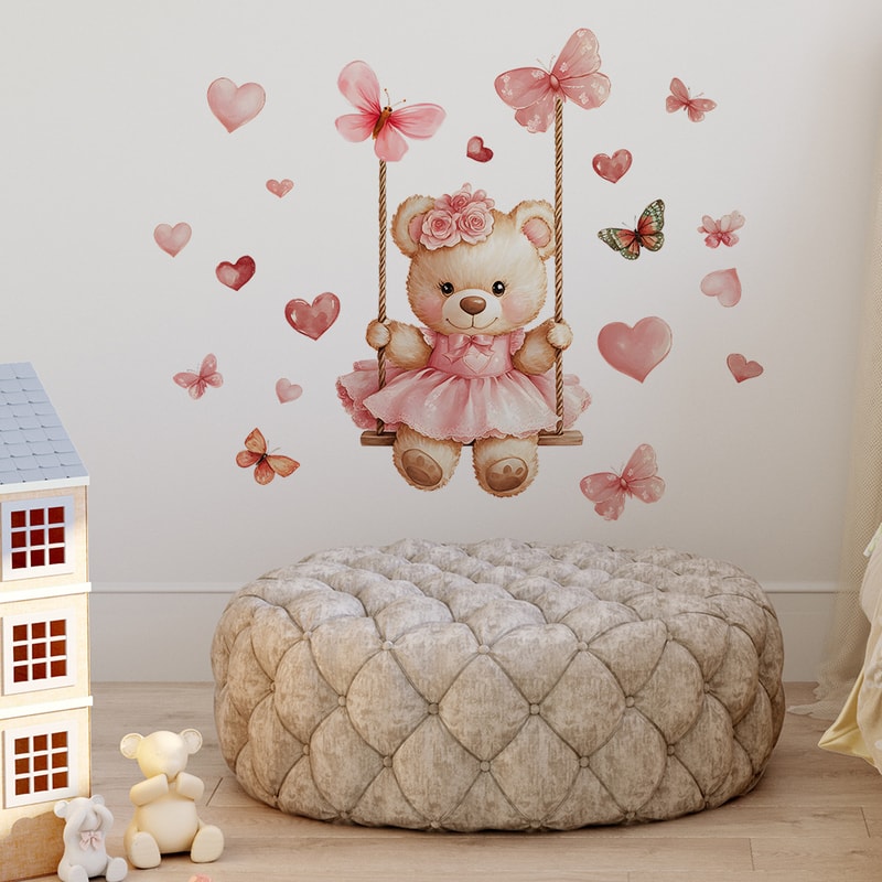 Bear Swing Butterfly Wall Decals for Kids Room Nursery Peel and Stick Wall Decor