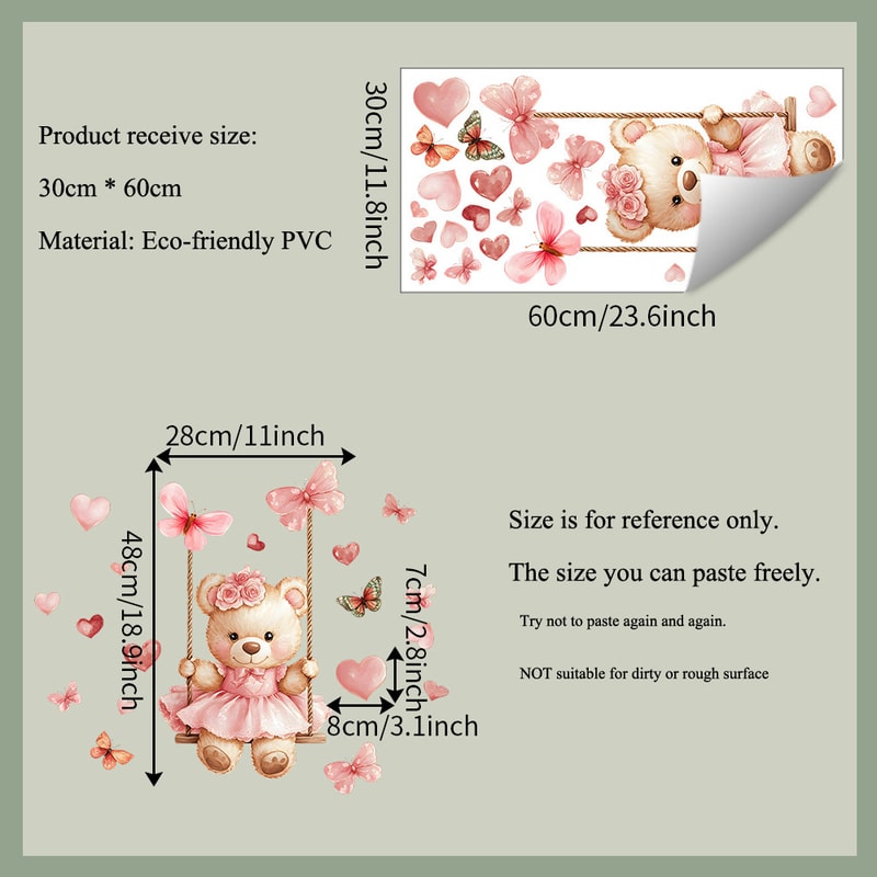 Bear Swing Butterfly Wall Decals for Kids Room Nursery Peel and Stick Wall Decor