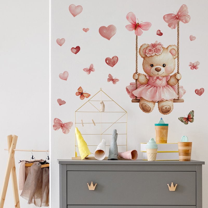 Bear Swing Butterfly Wall Decals for Kids Room Nursery Peel and Stick Wall Decor
