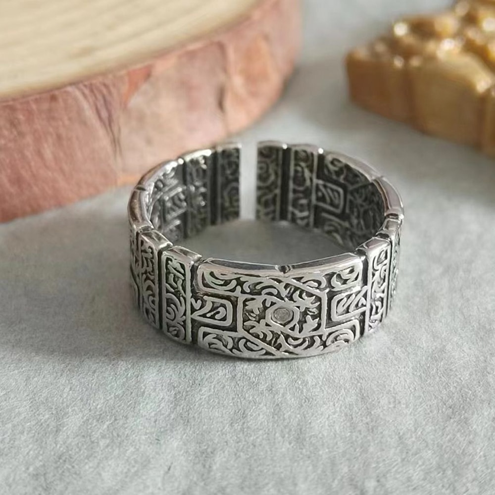 Tang Grass Gothic Open Ring for Men and Women Vintage Silver Punk Statement Jewelry