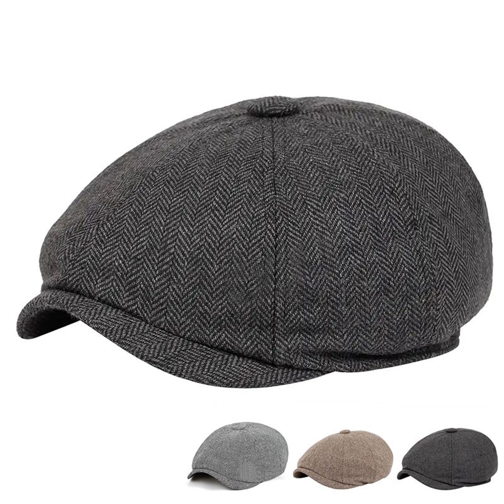 Vintage Herringbone Newsboy Cap for Men Classic British Flat Cap