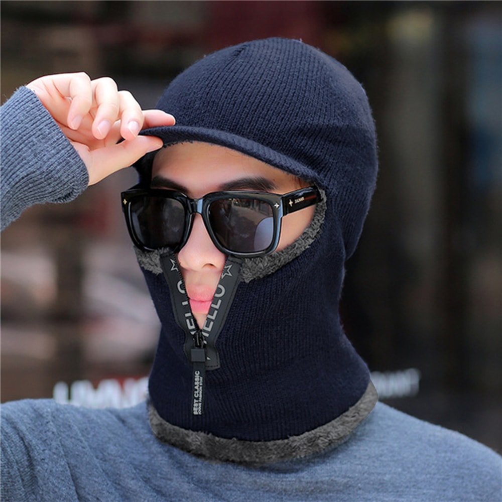 Men Windproof Outdoor Winter Knit Hat with Ear Protection and Visor Scarf Warm Cycling Winter Cap