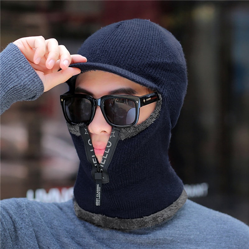 Men Windproof Outdoor Winter Knit Hat with Ear Protection and Visor Scarf Warm Cycling Winter Cap