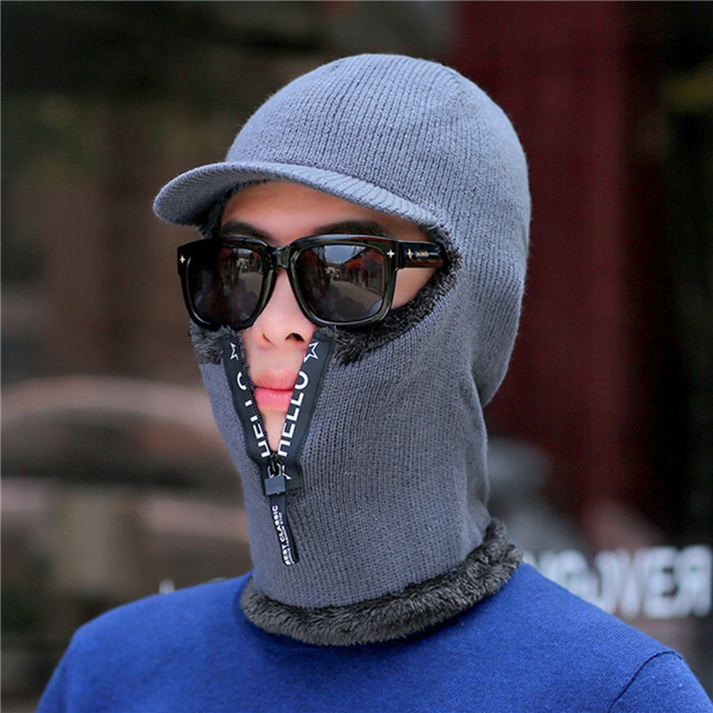 Men Windproof Outdoor Winter Knit Hat with Ear Protection and Visor Scarf Warm Cycling Winter Cap