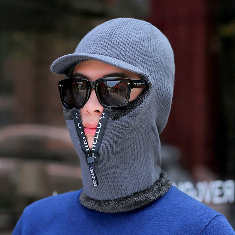 Men Windproof Outdoor Winter Knit Hat with Ear Protection and Visor Scarf Warm Cycling Winter Cap