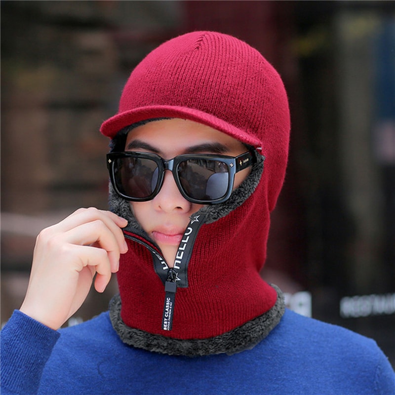 Men Windproof Outdoor Winter Knit Hat with Ear Protection and Visor Scarf Warm Cycling Winter Cap