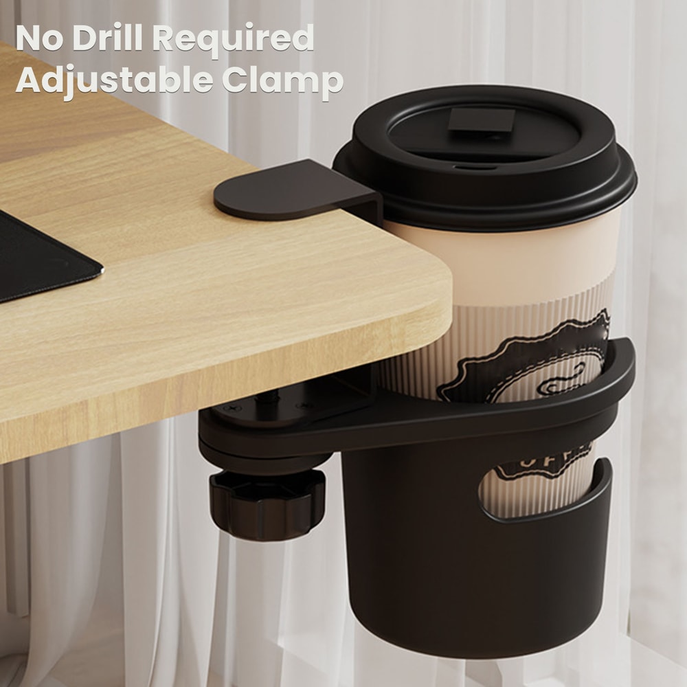 Rotating Clip On Desk Cup Holder for Coffee Mugs & Water Bottles