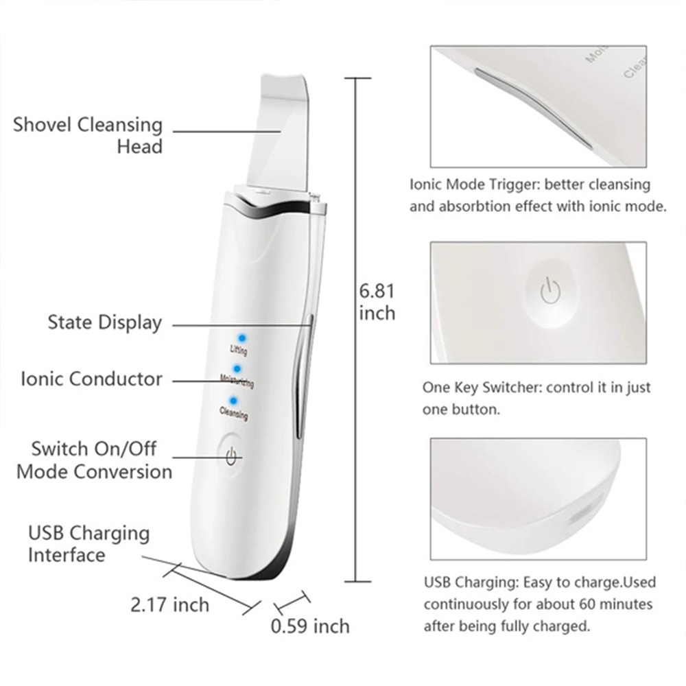 Professional Ultrasonic Facial Skin Scrubber Deep Pore Cleanser Blackhead Remover Device 2