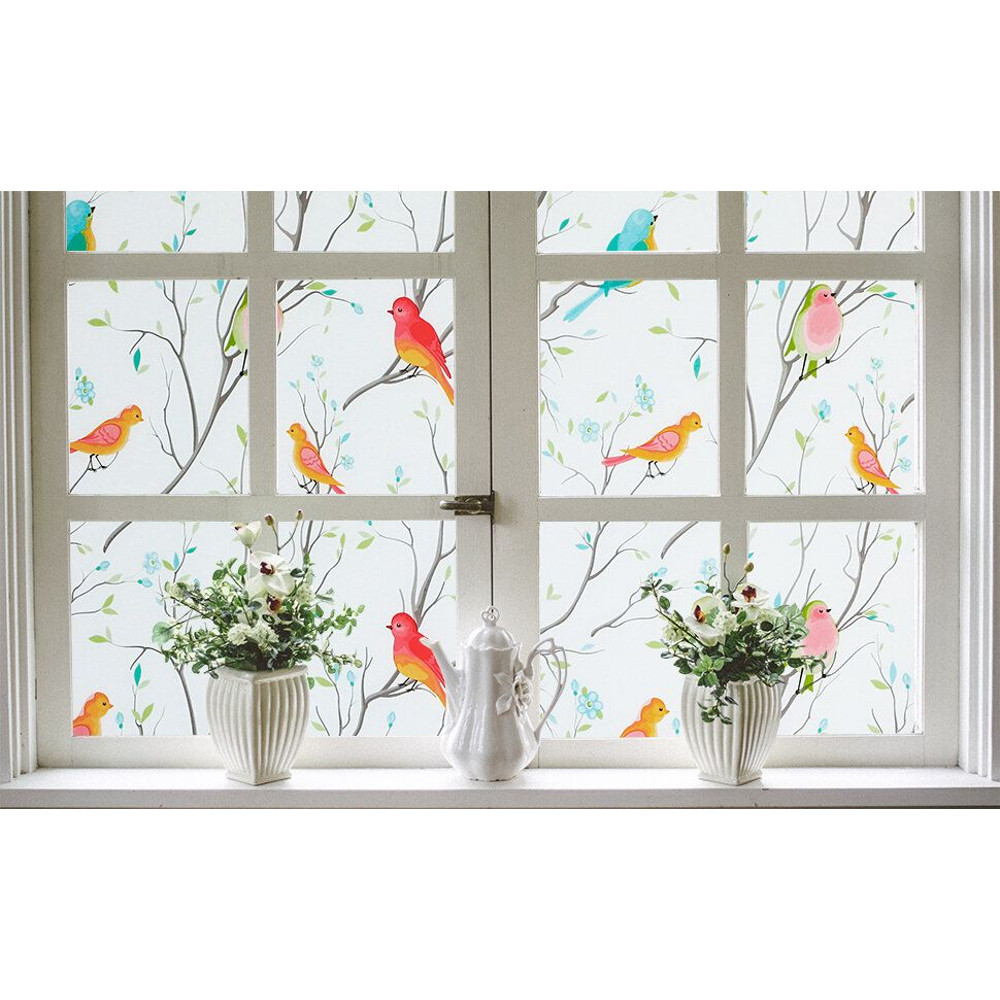 Opaque Privacy Window Film with Static Cling Decorative Bird Decals Frosted Glass Stickers for Ho