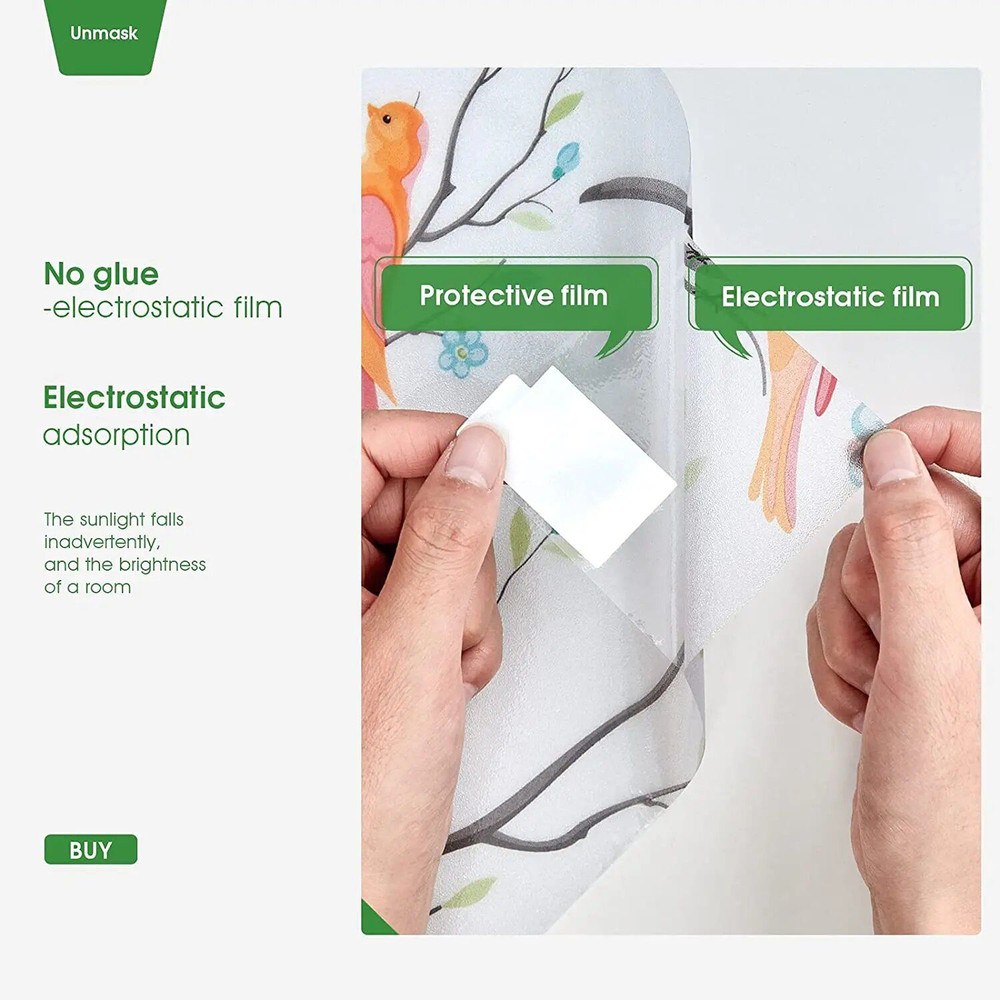 Opaque Privacy Window Film with Static Cling Decorative Bird Decals Frosted Glass Stickers for Ho