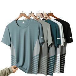 running t-shirt men summer ice silk thin top reflective printing quick dry short sleeve breathable fitness sports t-shirt 5xl