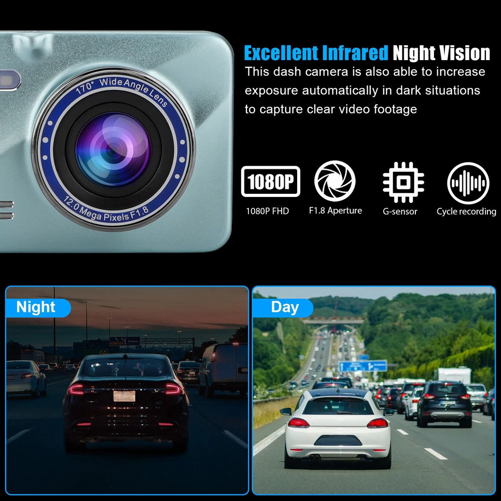 HD 1080P Dual Lens Dash Cam Front Rear Car DVR Camera with GSensor Night Vision Loop Recording