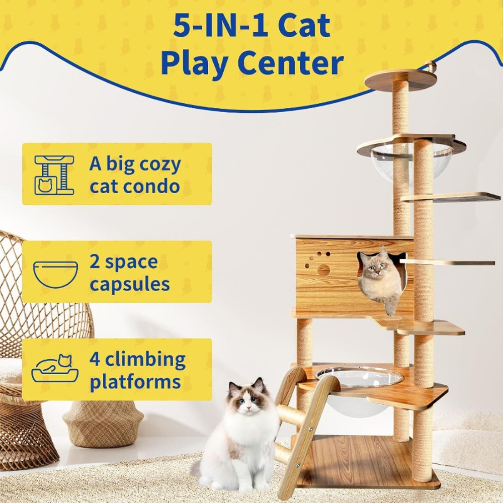 Wooden Cat Tree For Large Cats 6Tier Tower With Space Capsules Scratching Posts Modern Indoor Cat 1