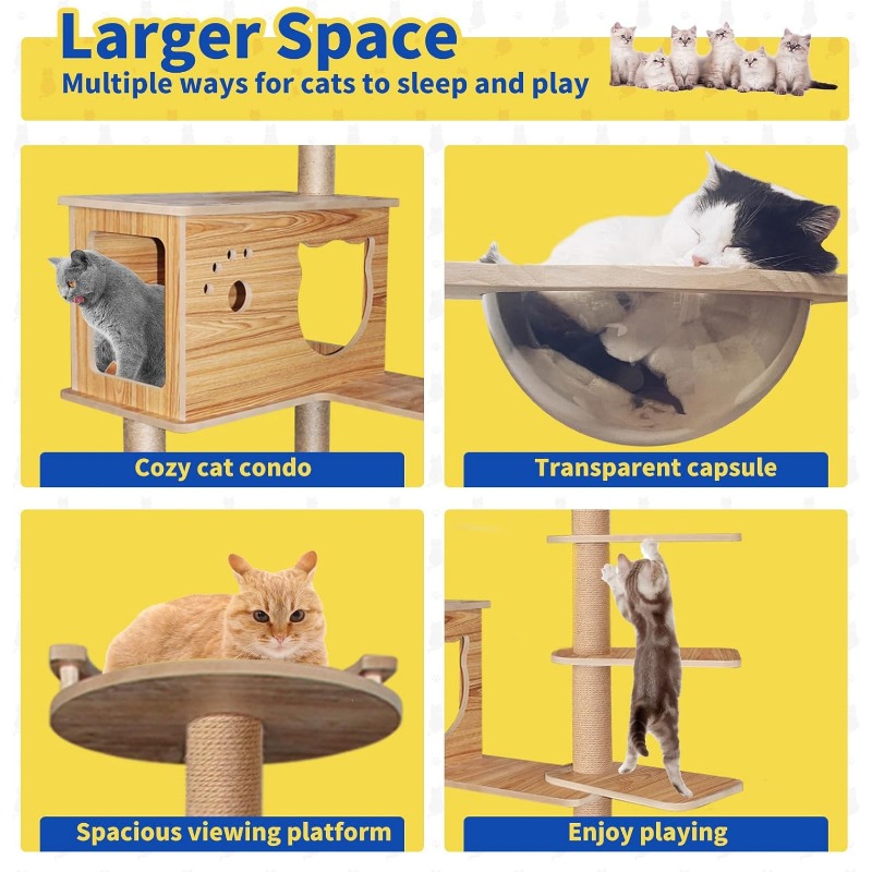 Wooden Cat Tree For Large Cats 6Tier Tower With Space Capsules Scratching Posts Modern Indoor Cat 3