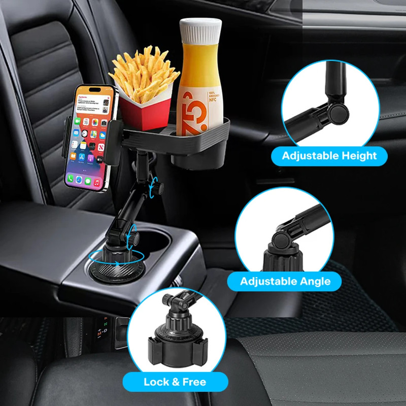 360° Rotating Car Cup Phone Holder – Adjustable Stand Mount & Food Organizer Tray