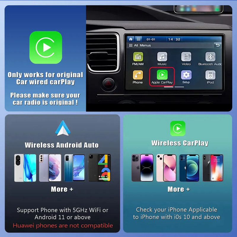 Mini Wireless CarPlay Adapter Wireless Android Auto Adapter for Audi A3/A4/A5/A6/Q5/Q7 & More