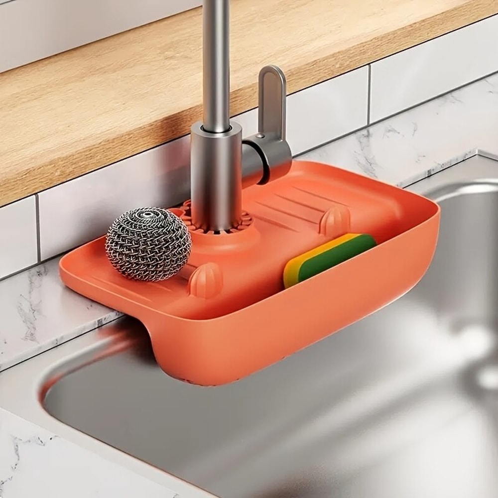 Household Silicone Sink Drain Rack Splash-Proof Water Collecting Pad & Sponge Storage Box