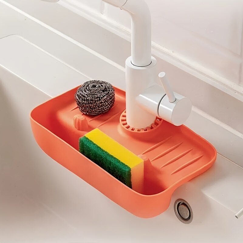 Household Silicone Sink Drain Rack Splash-Proof Water Collecting Pad & Sponge Storage Box