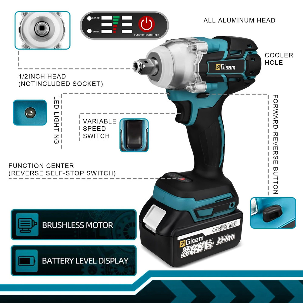 Professional 520NM Brushless Impact Wrench12Drive Cordless Power Tool For Makita 18V Batteries Not 2
