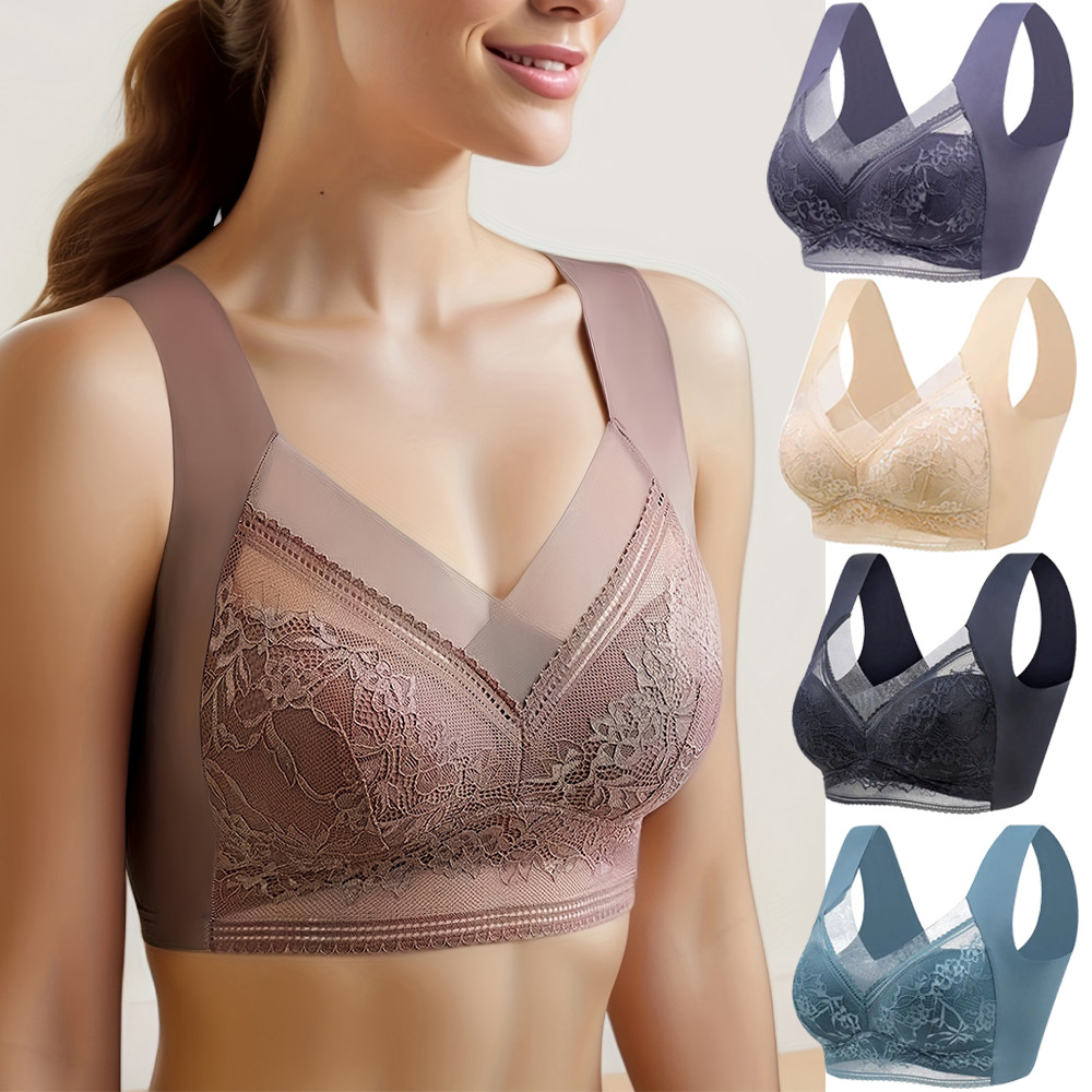 Womens Plus Size Push Up Bra, Ice Silk Seamless Bralette with Lace Trim, Wireless Comfort for Summer & Everyday Wear