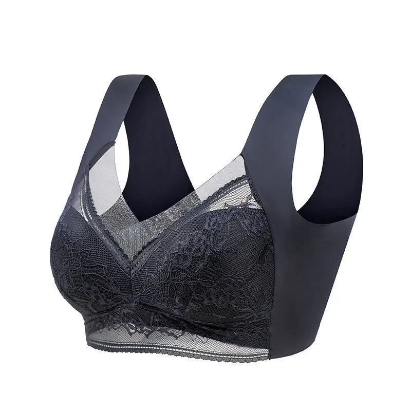Womens Plus Size Push Up Bra, Ice Silk Seamless Bralette with Lace Trim, Wireless Comfort for Summer & Everyday Wear