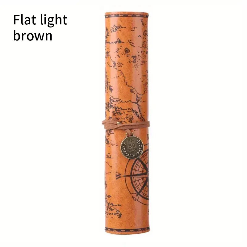 Leather Roll Up Pencil Case,Retro Treasure Map Design with Embossed Buckle,Spacious & Stylish Stationery Organizer