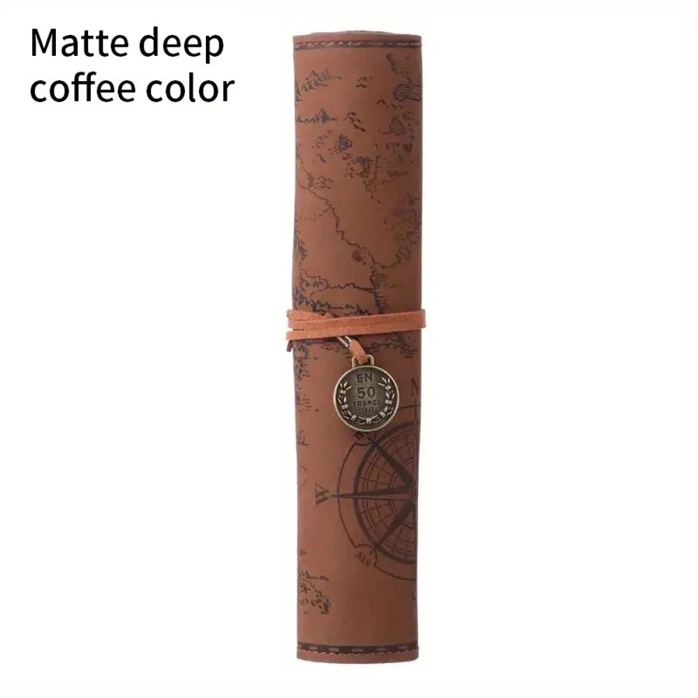 Leather Roll Up Pencil Case,Retro Treasure Map Design with Embossed Buckle,Spacious & Stylish Stationery Organizer