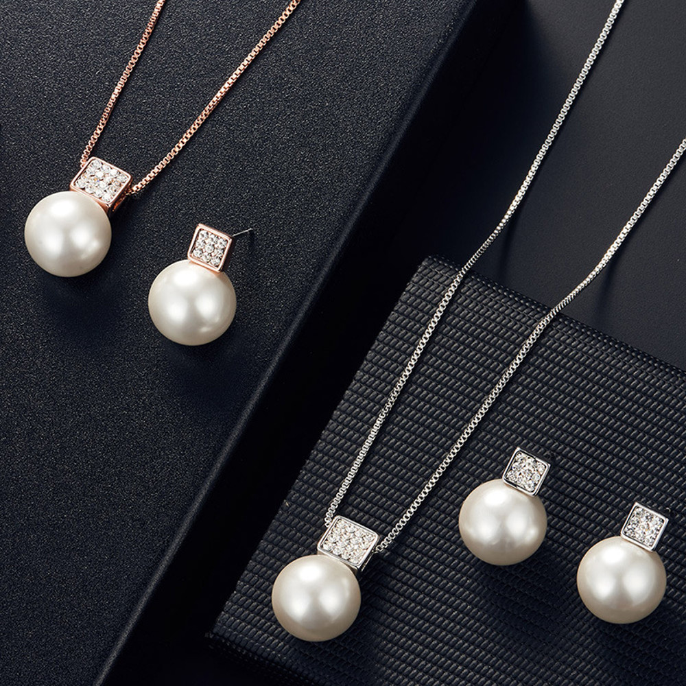 Elegant Imitation Pearl Pendant Women Necklace & Earring Stud Set, Snake Chain Square Metal Frame & Full Crystal Jewelry