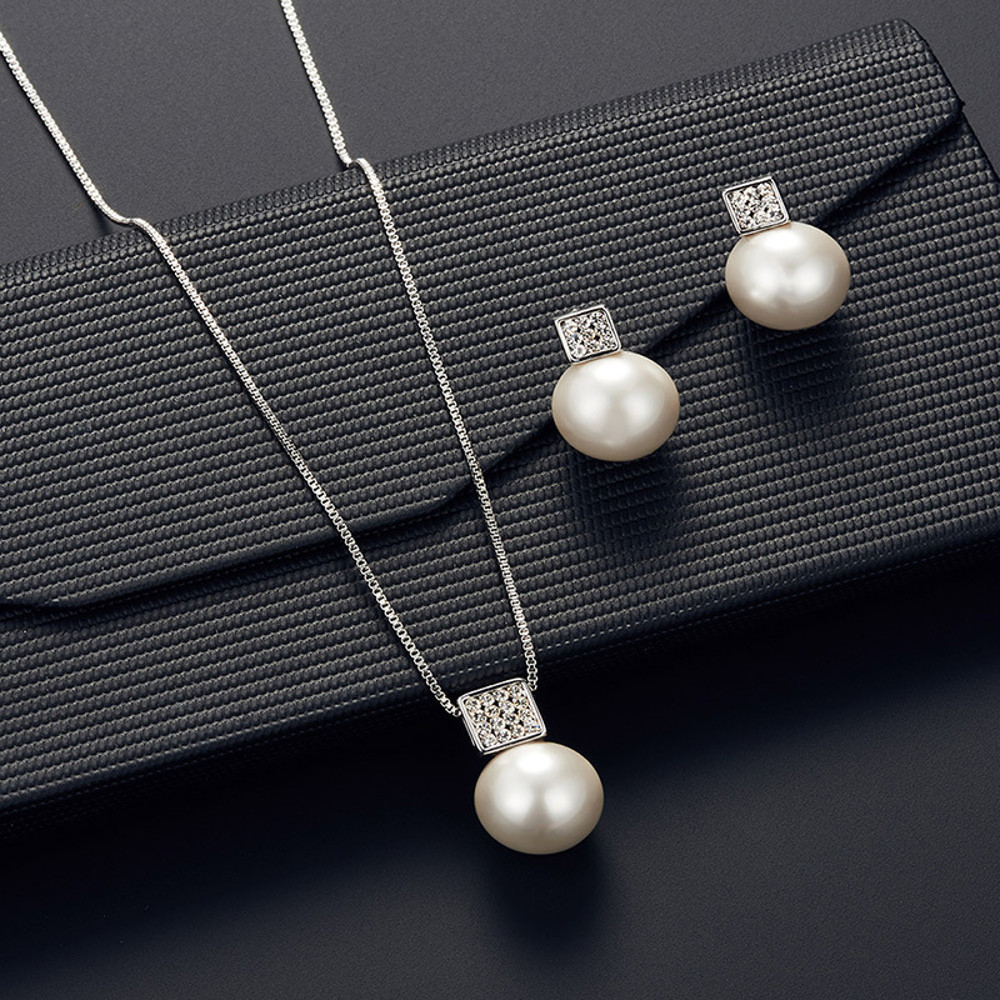 Elegant Imitation Pearl Pendant Women Necklace & Earring Stud Set, Snake Chain Square Metal Frame & Full Crystal Jewelry