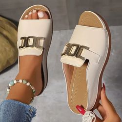 ladies comfortable beach slides, wide width open toe casual mules with arch support & shock absorption for daily wear