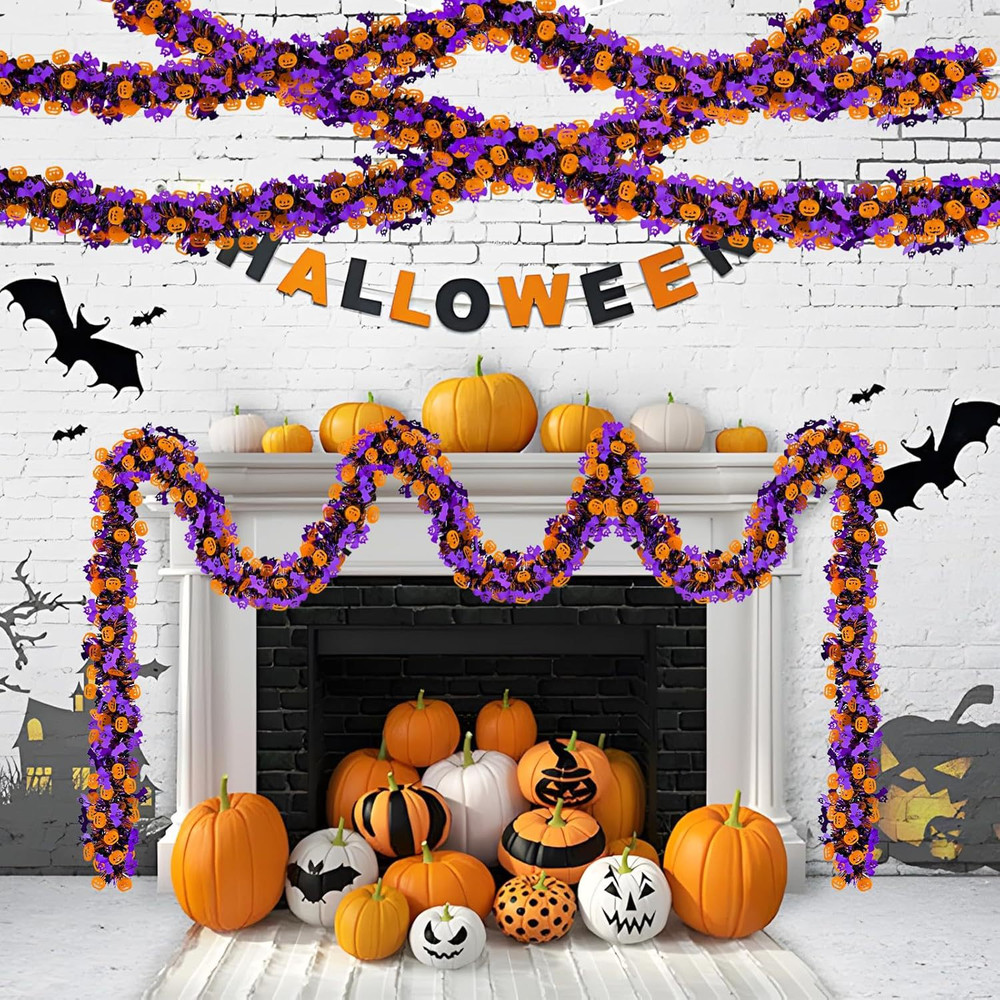 Halloween Tinsel Garland, Purple Tinsel Garland, Pumpkin Bat Halloween Decoration, Indoor Outdoor Garden Party Porch