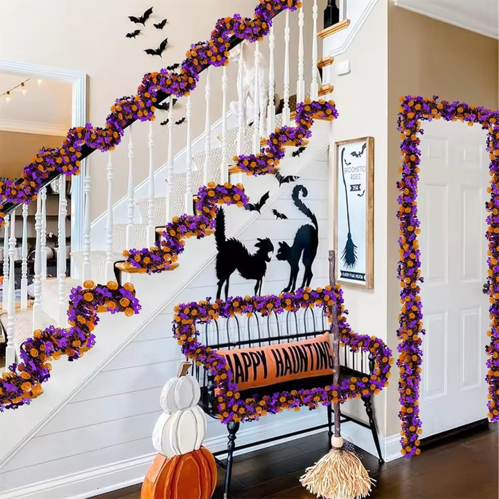 Halloween Tinsel Garland, Purple Tinsel Garland, Pumpkin Bat Halloween Decoration, Indoor Outdoor Garden Party Porch